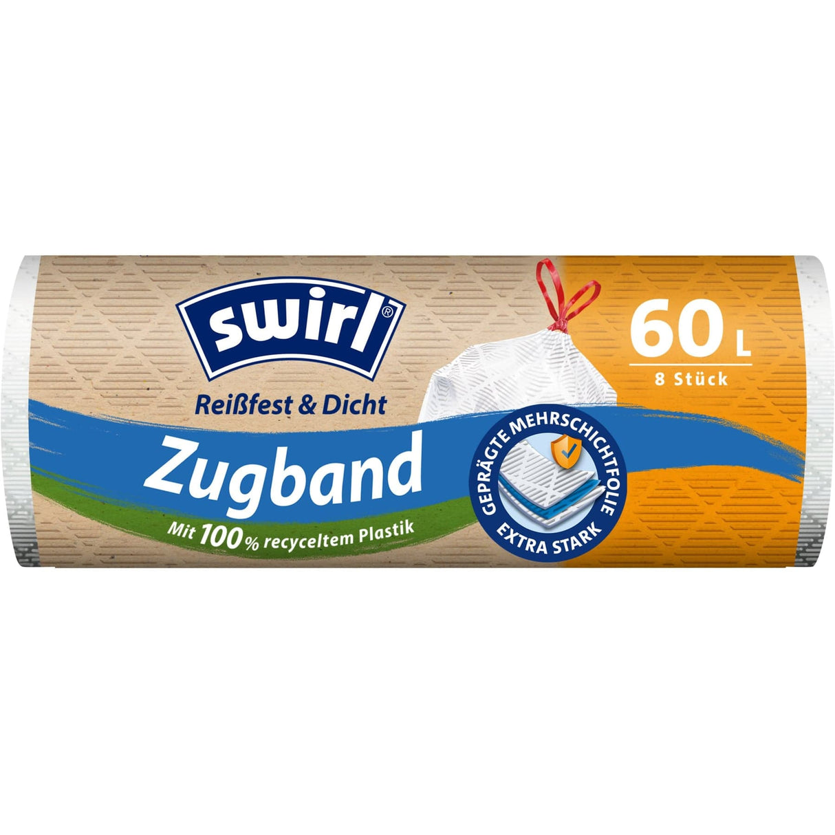 Swirl® Müllbeutel Zugband Reißfest & Dicht, 60 Liter 1 Karton = 9 Rollen á 8 Beutel