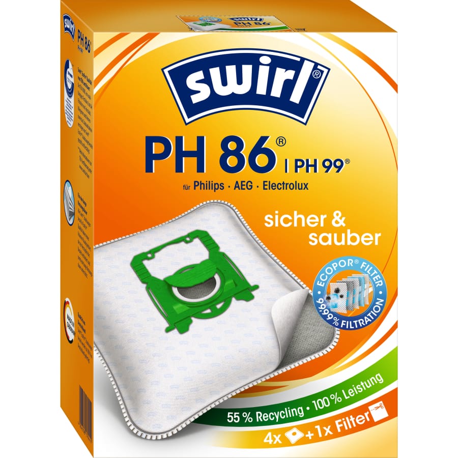 Swirl® PH 86/99 EcoPor® Staubsaugerbeutel Vorteilspack für Philips 3 x 4 Beutel, 1 Filter