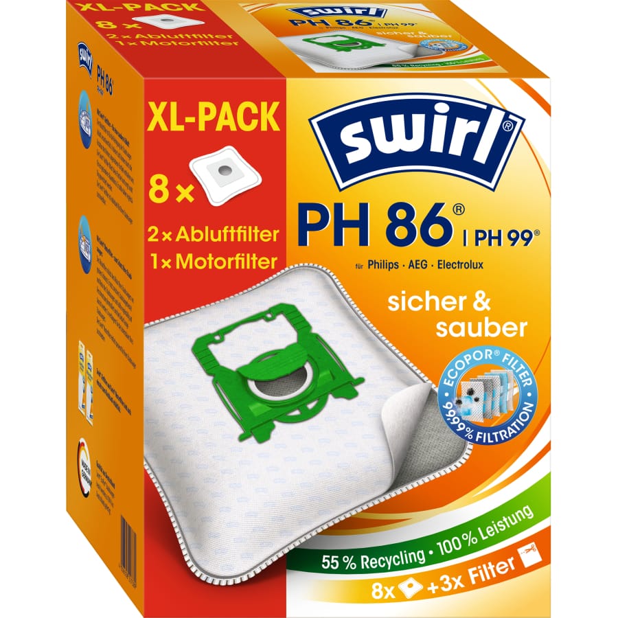 Swirl® PH 86/99 EcoPor® Staubsaugerbeutel Vorteilspack für Philips 8 Beutel, 2 Abluftfilter, 1 Motorfilter