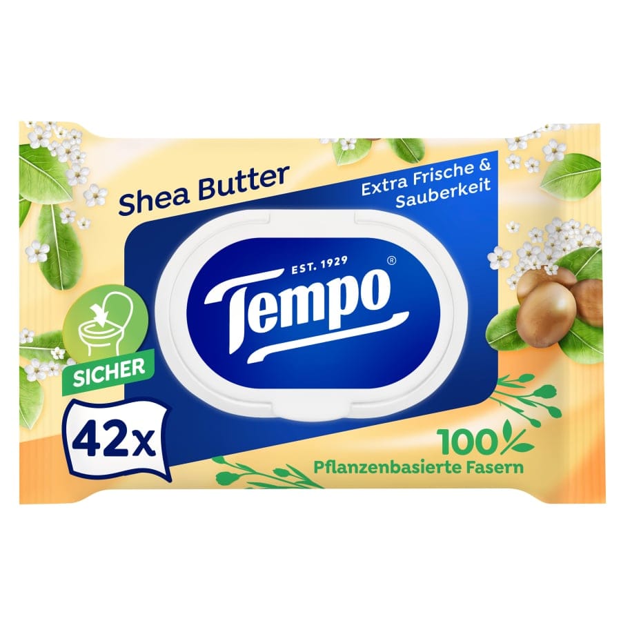 Tempo Sheabutter Feuchte Toilettentücher – 1 Packung = 42 Tücher, mit Verschluss
