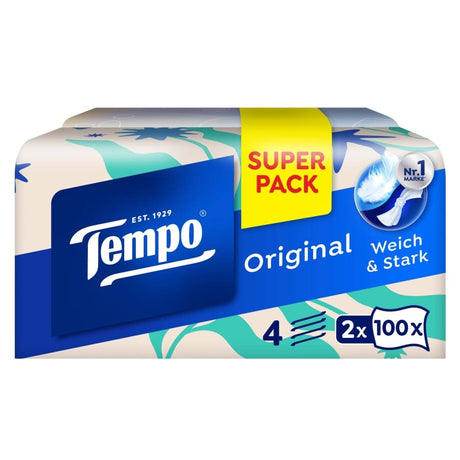 Tempo Taschentuchbox Original, 4-lagig 1 Packung = 2 x 100 Tücher, Designs sortiert