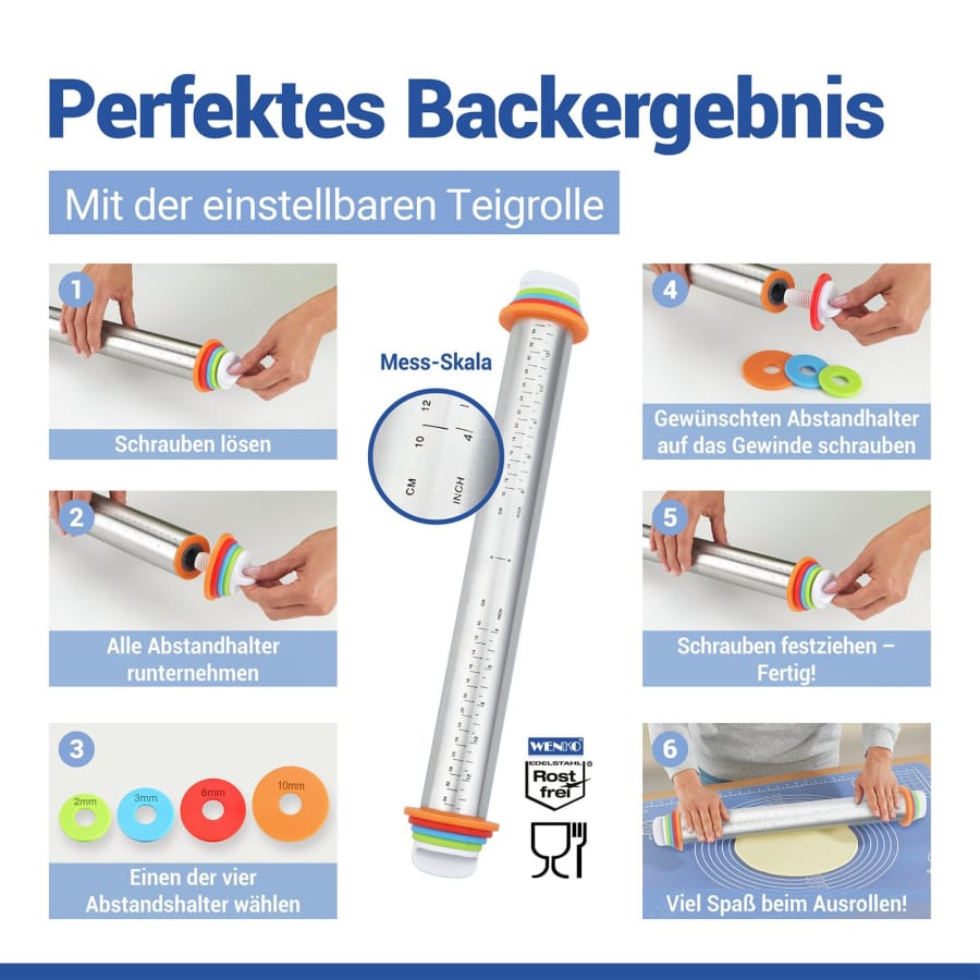 WENKO Antihaft-Backmatte mit Edelstahl-Teigrolle, Teigschaber und Rezeptheft (Set)