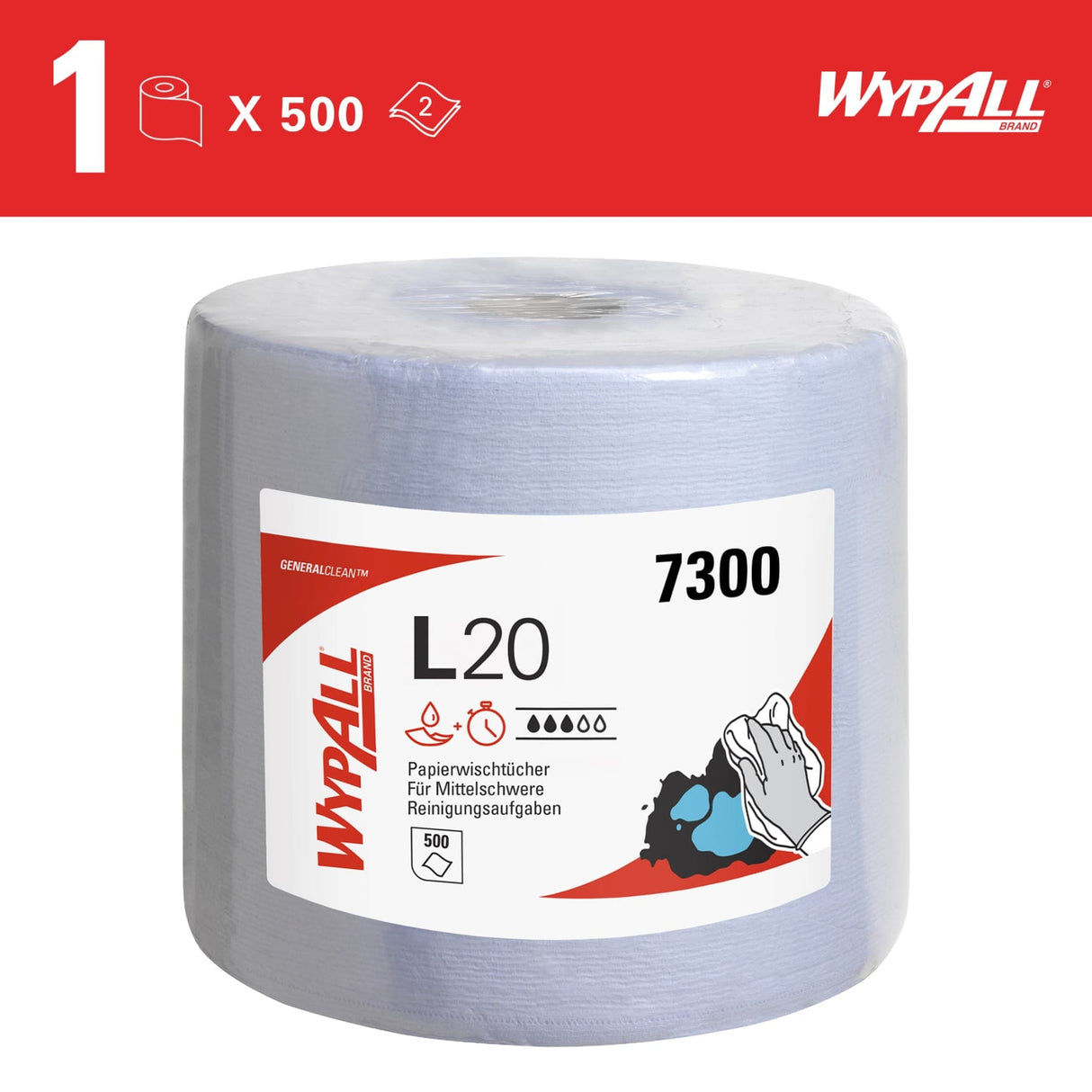 WypAll® L20 Wischtücher - Großrolle, blau 1 Paket = 1 Rolle à 500 Tücher, Maße (L x B): 38 x 23,5 cm
